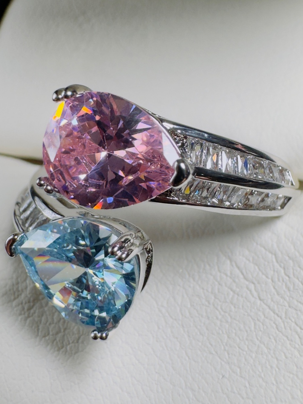 Pink & Blue Pear Cut CZ Bypass Statement Ring